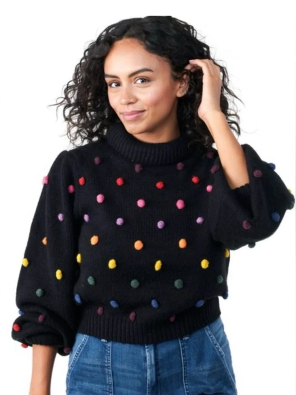 FARM RIO Black Rainbow Dots Pom Pom Cropped Sweater